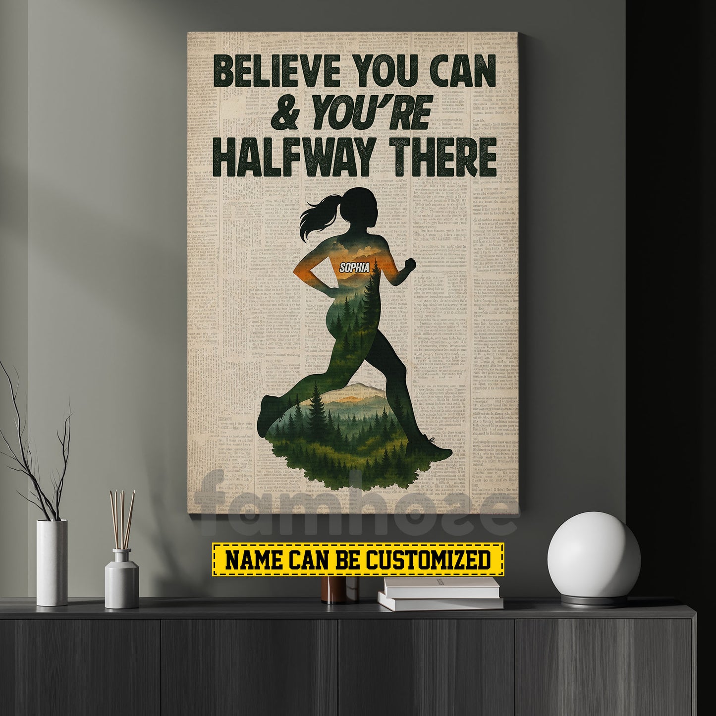 Motivational Personalized Running Woman Canvas Painting, Believe You Can & You're Halfway There Sports Wall Art Decor, Poster Gift For Running Lovers