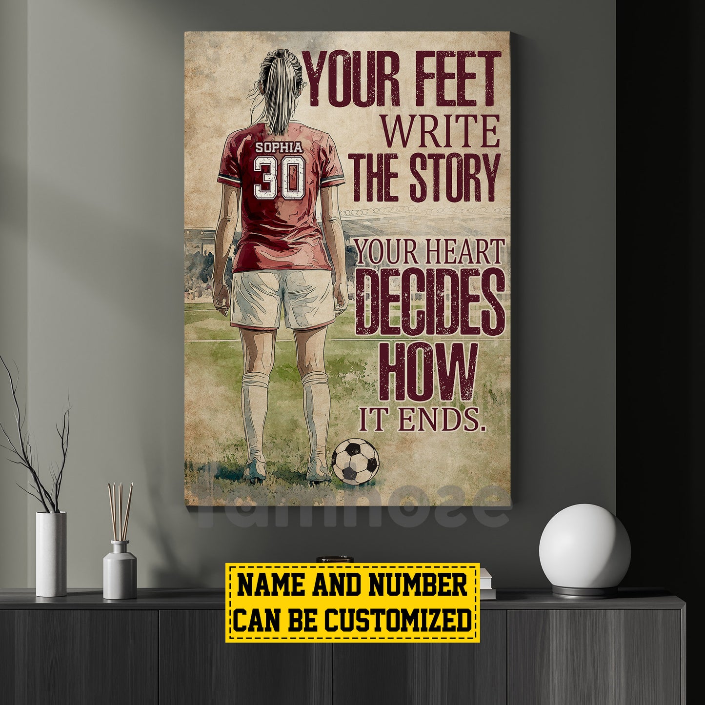 Motivational Personalized Soccer Woman Canvas Painting, Your Feet Write The Story Sport Wall Art Decor, Poster Gift For Soccer Lovers