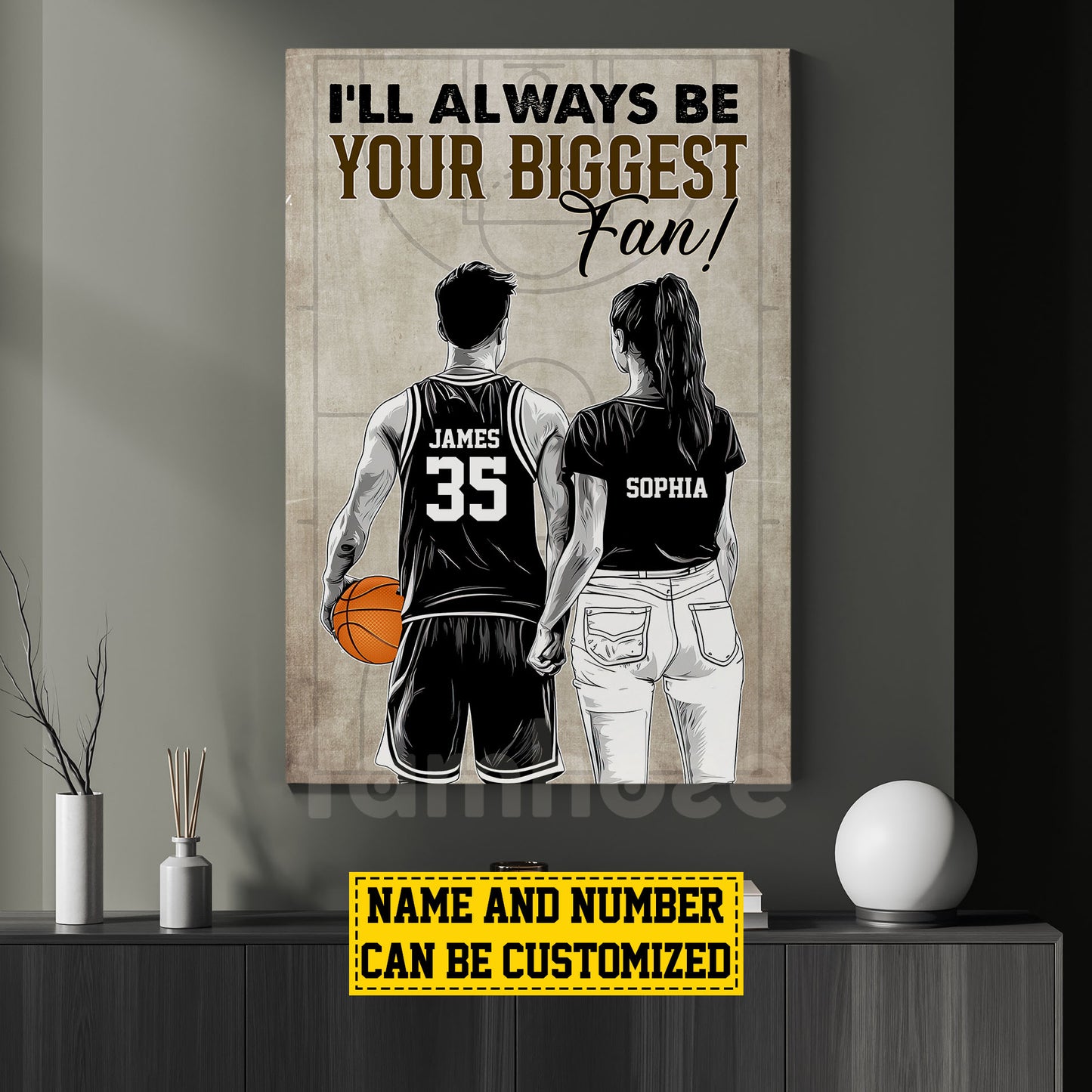 Romantic Personalized Couple Basketball Canvas Painting, I'll Always Be Your Biggest Fan Wall Art Decor, Poster Valentine's Day Gift For Basketball-Loving Couple