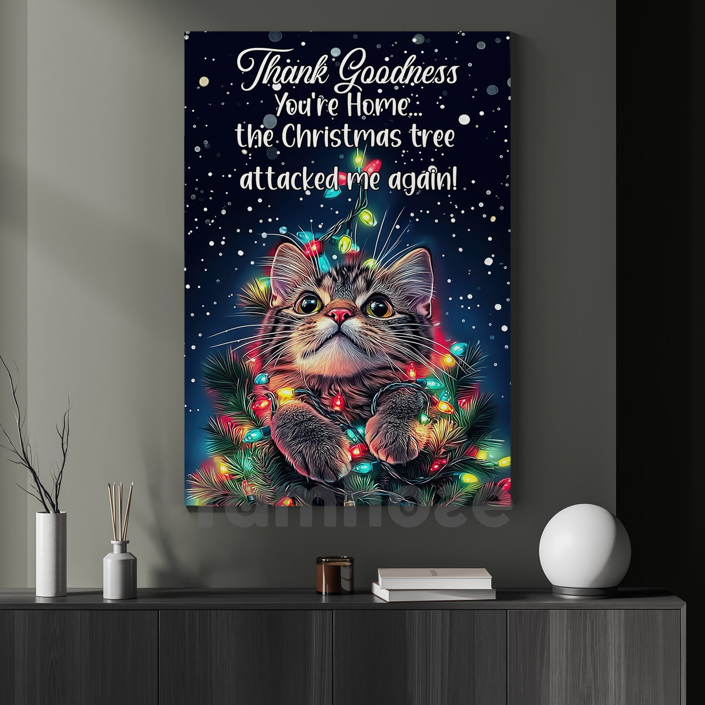 Funny Christmas Cat Canvas Painting, Thank Godness You're Home Wall Art Decor Xmas Poster Gift For Cat Lovers