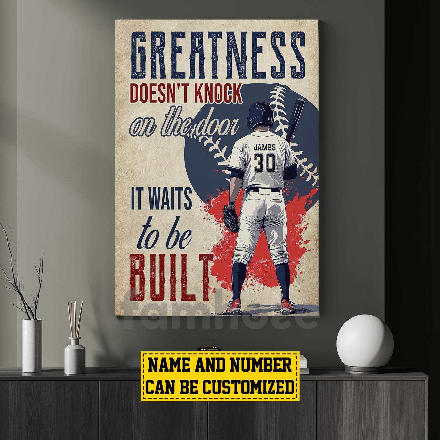 Motivational Personalized Baseball Man Canvas Painting, Greatness Doesn't Knock On The Door Sport Wall Art Decor, Poster Gift For Baseball Lovers