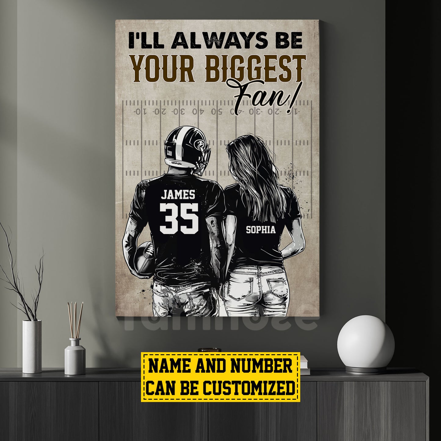 Romantic Personalized Football Couple Canvas Painting, I'll Always Be Your Biggest Fan Sports Wall Art Decor, Valentine's Day Poster Gift For Football-Loving Couple