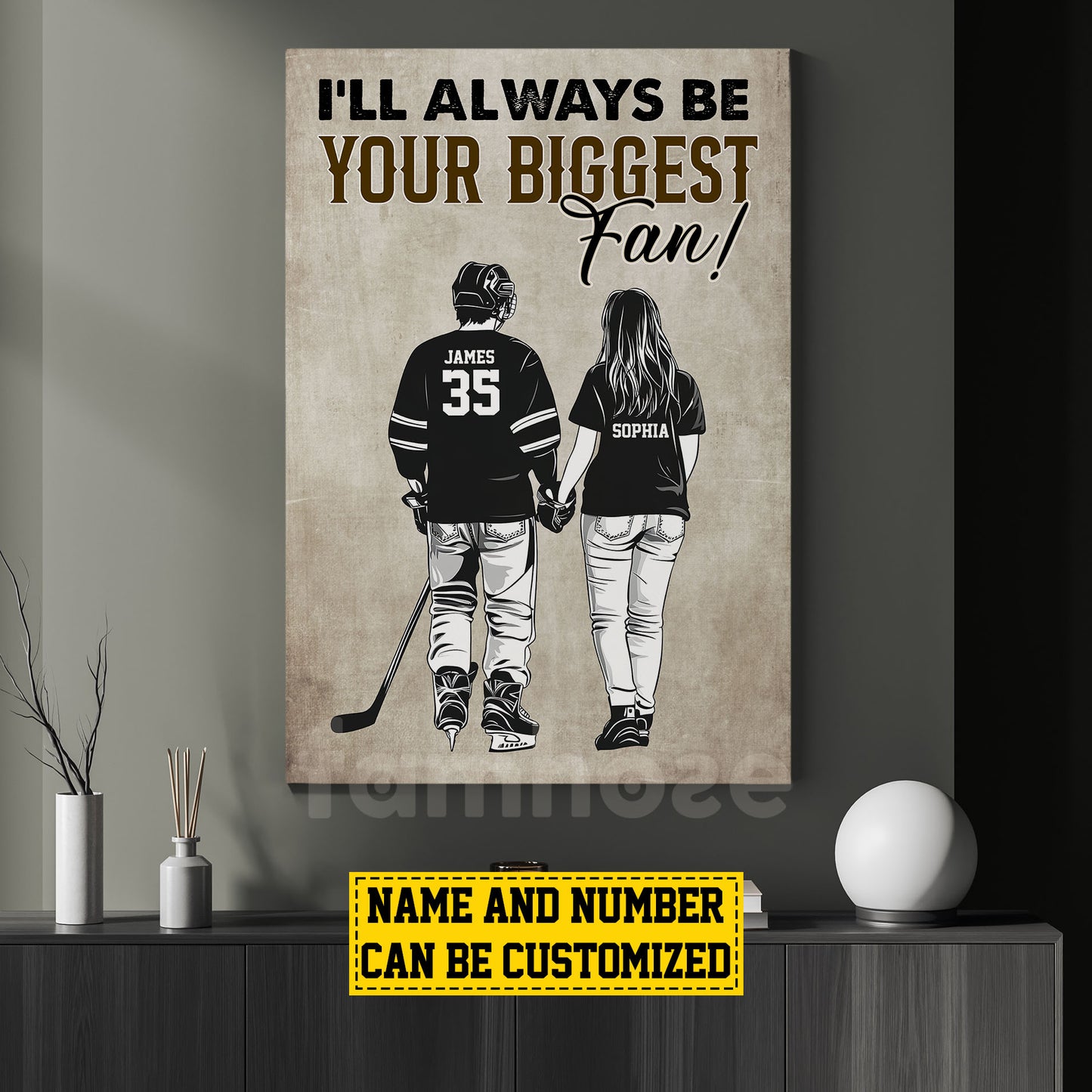 Romantic Personalized Hockey Couple Canvas Painting, I'll Always Be Your Biggest Fan Sports Wall Art Decor, Valentine's Day Poster Gift For Hockey-Loving Couple