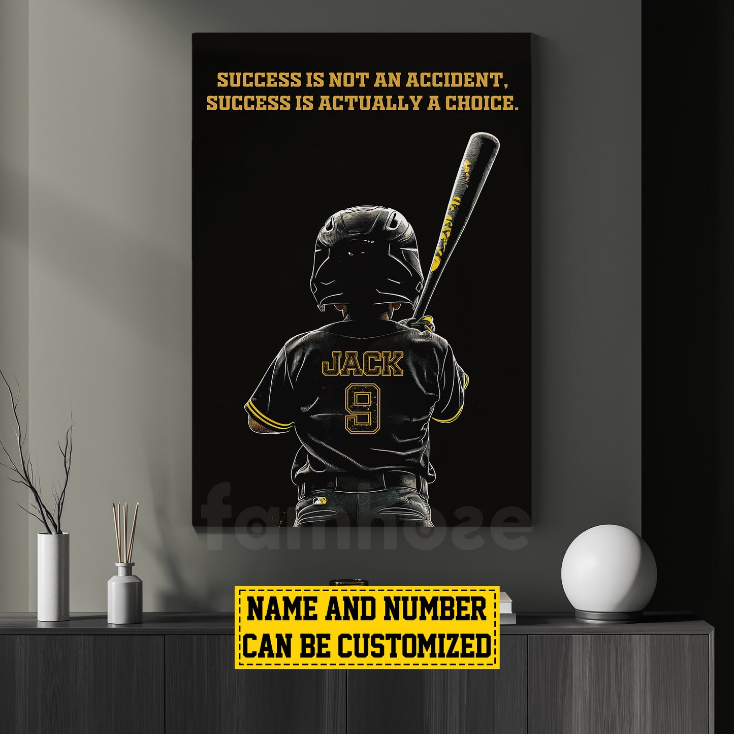 Personalized Baseball Boy Canvas Painting For Kids - Inspiring Quotes Success Is Actually A Choice Poster Gift For Young Baseball Fans