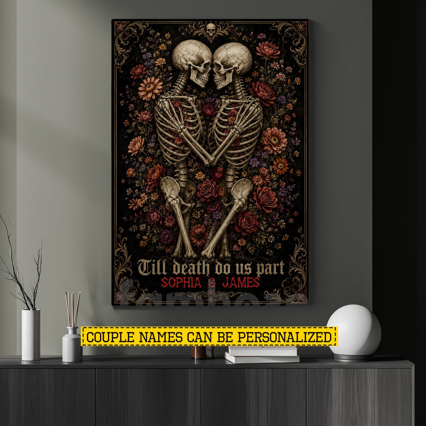 Personalized Halloween Skeleton Couple Canvas Painting, Till Death Do Us Part Wall Art Decor, Spooky Season Poster Gift For Couple