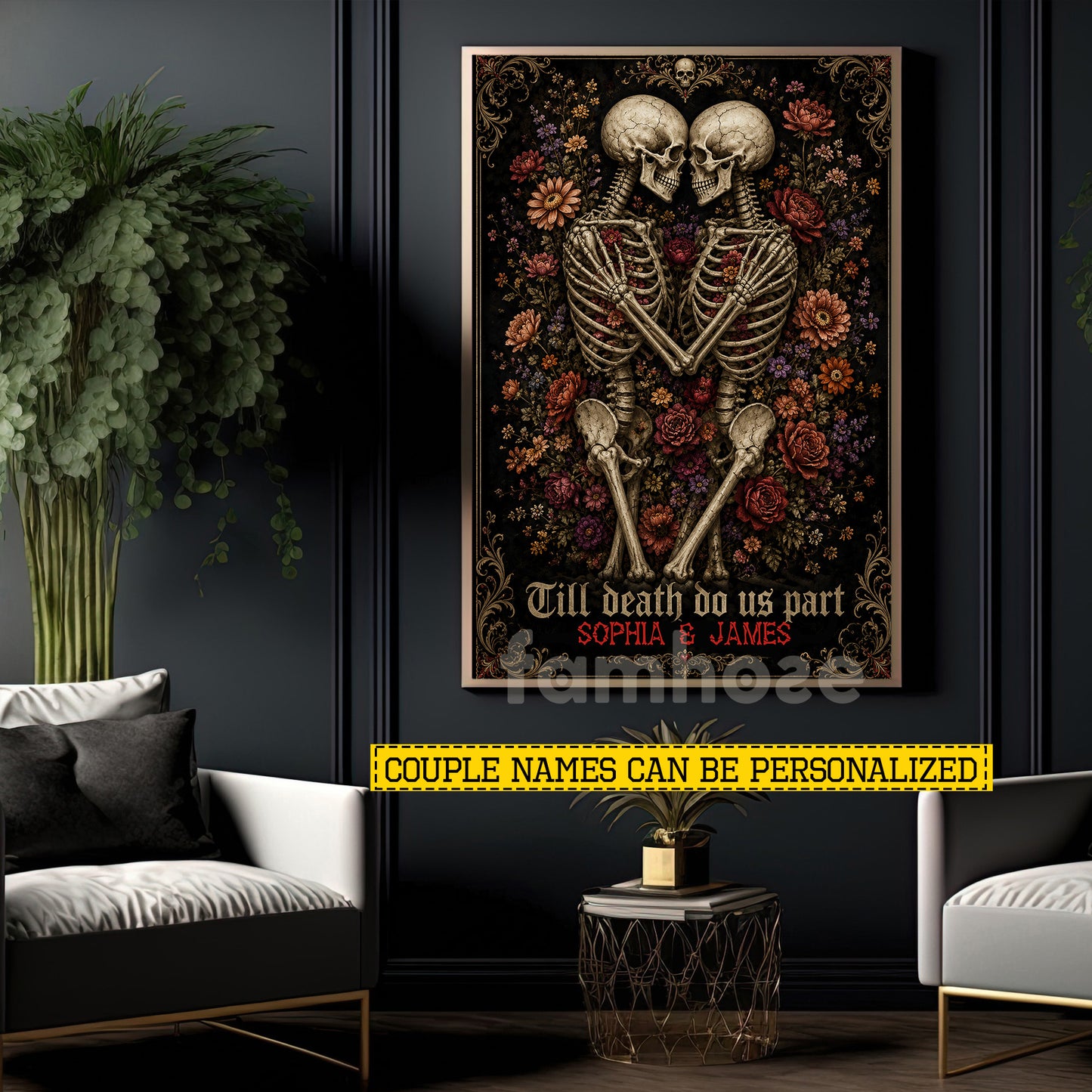 Personalized Halloween Skeleton Couple Canvas Painting, Till Death Do Us Part Wall Art Decor, Spooky Season Poster Gift For Couple