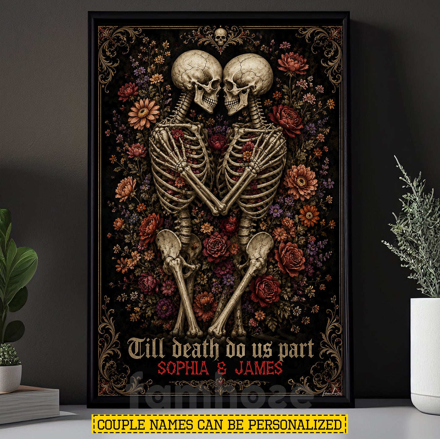 Personalized Halloween Skeleton Couple Canvas Painting, Till Death Do Us Part Wall Art Decor, Spooky Season Poster Gift For Couple