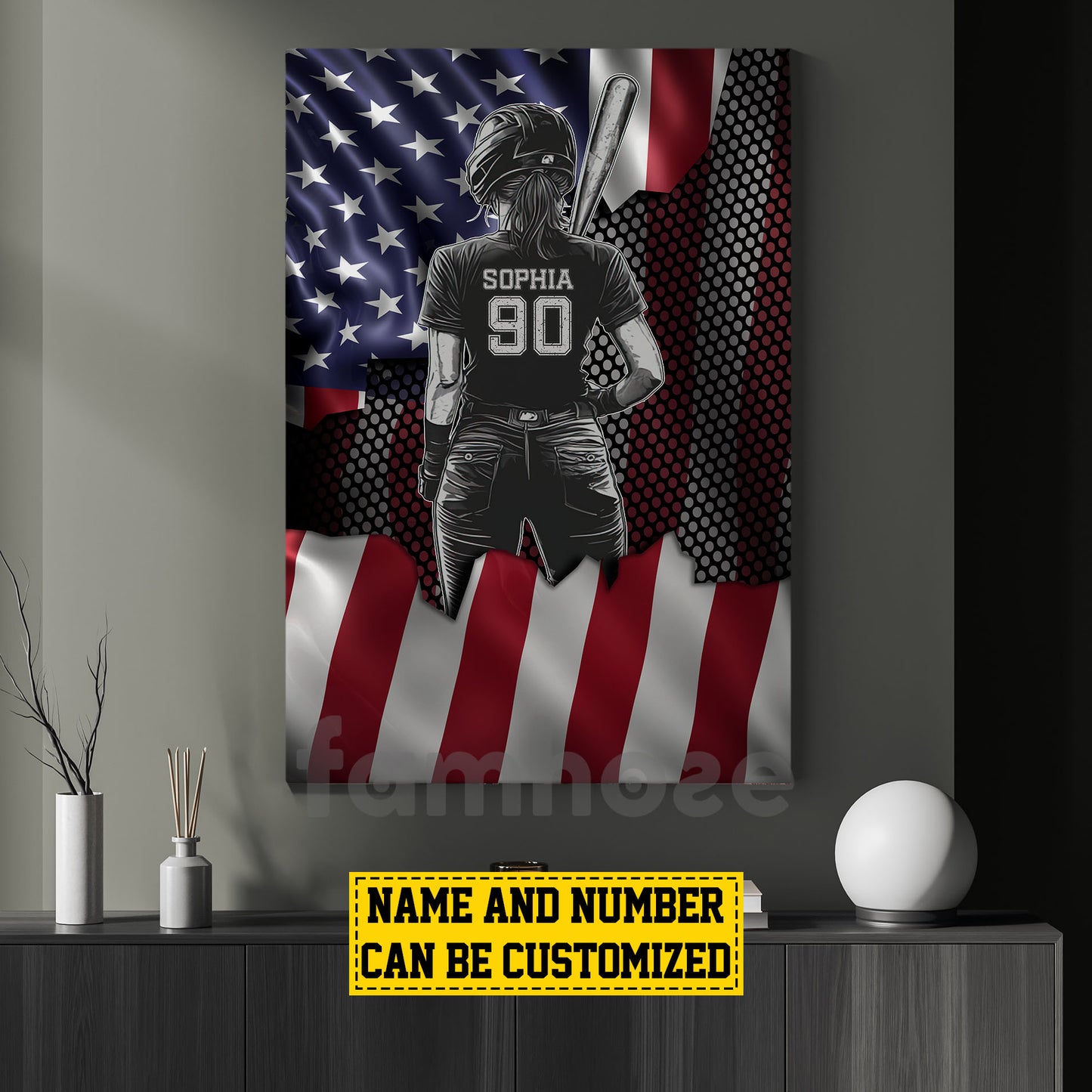 Personalized Softball Girl Canvas Painting, Stars, Stripes & Softball Dreams Sports Wall Art Decor, Poster July 4th Gift For Softball Lovers