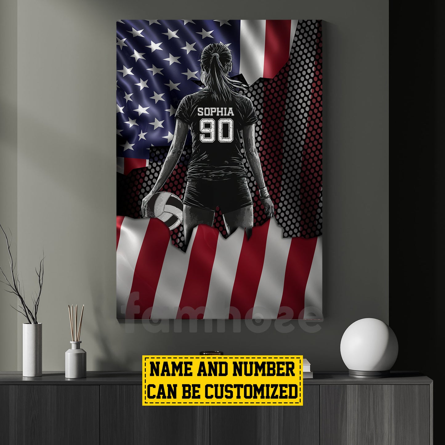 Personalized Volleyball Girl Canvas Painting, Stars, Stripes & Volleyball Dreams Sports Wall Art Decor, Poster July 4th Gift For Volleyball Lovers