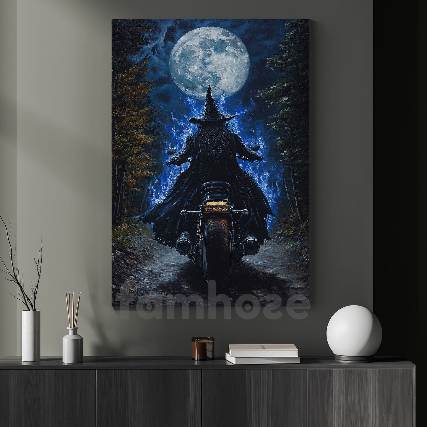 Halloween Witch Motocycle Canvas Painting, Witch Biker Under The Full Moon Wall Art Decor, Spooky Season Poster Gift For Biker