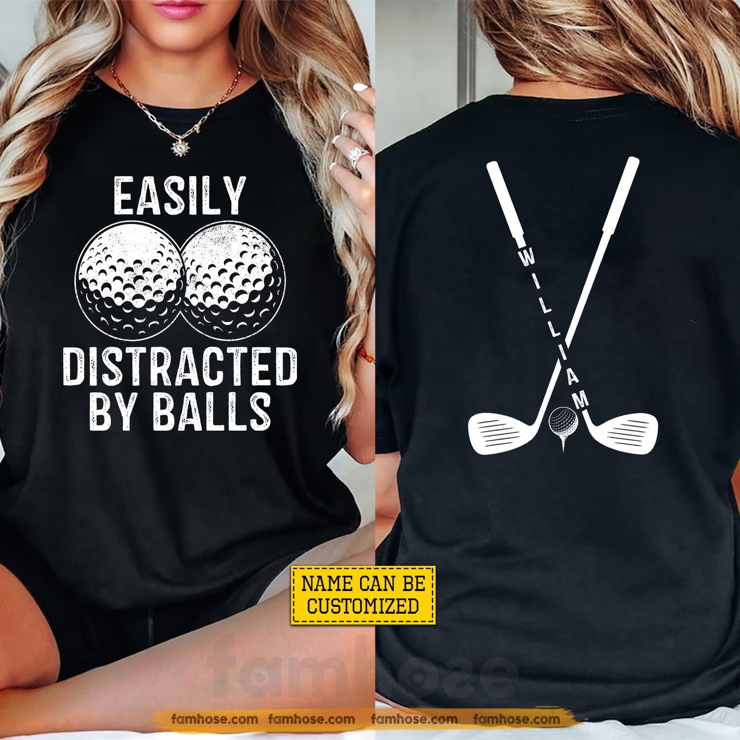Personalized Golf Two-sided T-shirt, Easily Distracted By Balls Sport Tees Gift For Golf Lover
