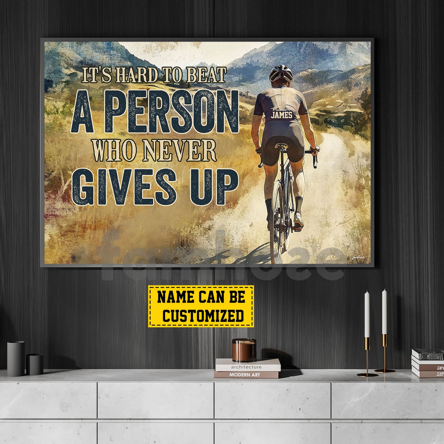 Motivational Personalized Cycling Man Canvas Painting, It's Hard To Beat A Person Who Never Gives Up Sport Wall Art Decor, Poster Gift For Cycling Lovers