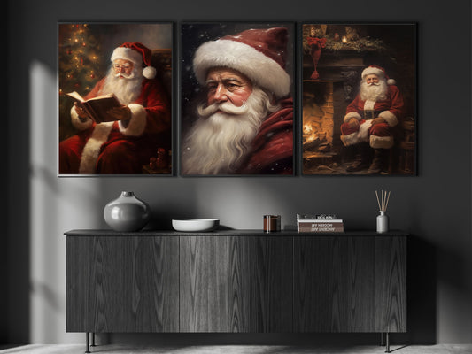 Set Of 3 Vintage Santa Claus Christmas, Santa Xmas Canvas Painting, Wall Art Decor - Christmas Poster Gift