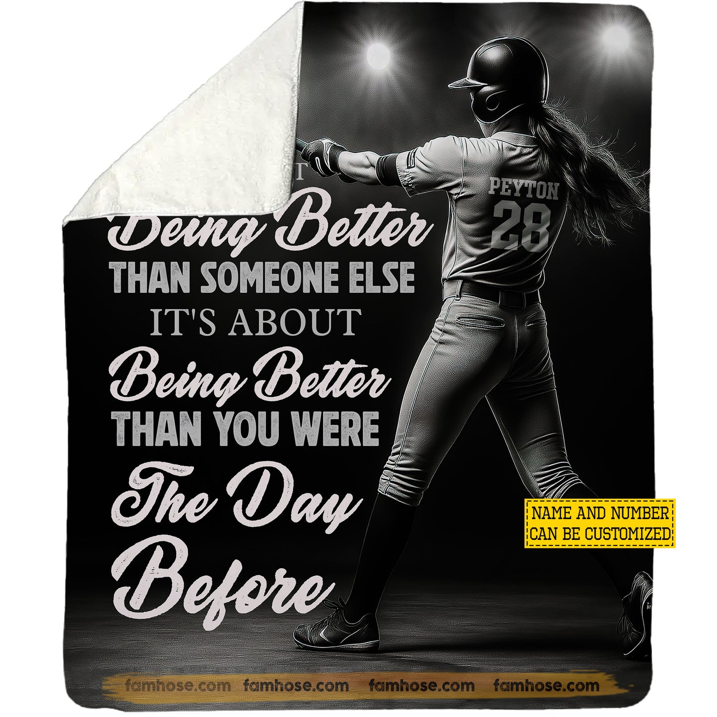 Motivational Personalized Softball Woman Fleece Blanket, It's Not About Being Better Than Someone Else Woven Blanket, Cool Sherpa Blanket Gift For Softball Lovers