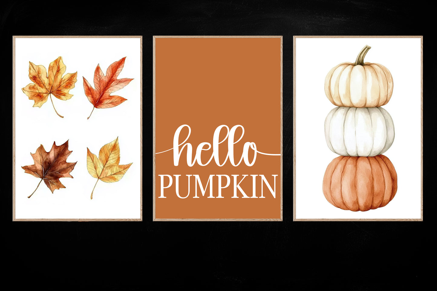 Set Of 3 Autumn Canvas Painting, Hello Pumpkin Fall Thanksgiving Poster Gift, Thankful Wall Art Decor