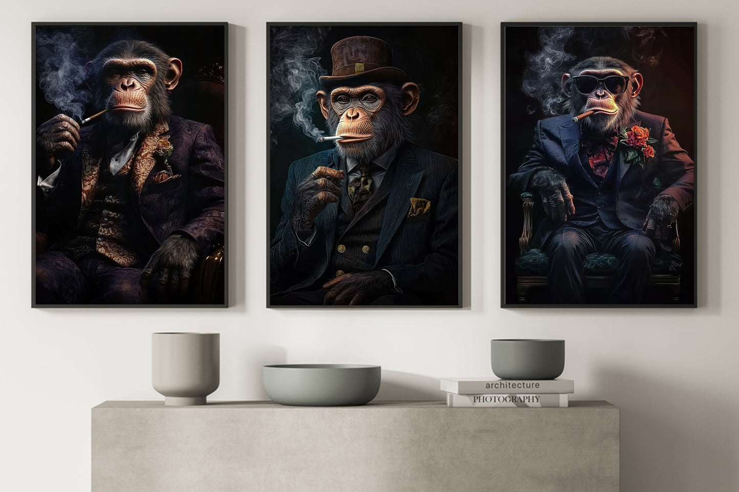 Cool Set Of 3 Monkey Canvas Painting, Monkey Mafia Lounge Wall Art Decor, Poster Gift For Monkey Lovers
