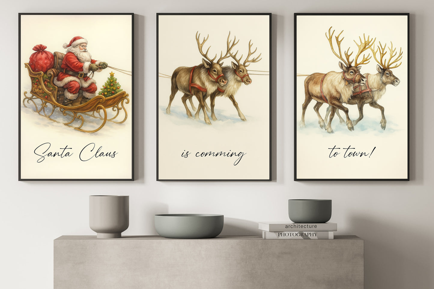 Set Of 3 Christmas Canvas Painting, Santa Claus Is Coming To Town Wall Art Decor, Xmas Poster Gift To Decor House Or Office