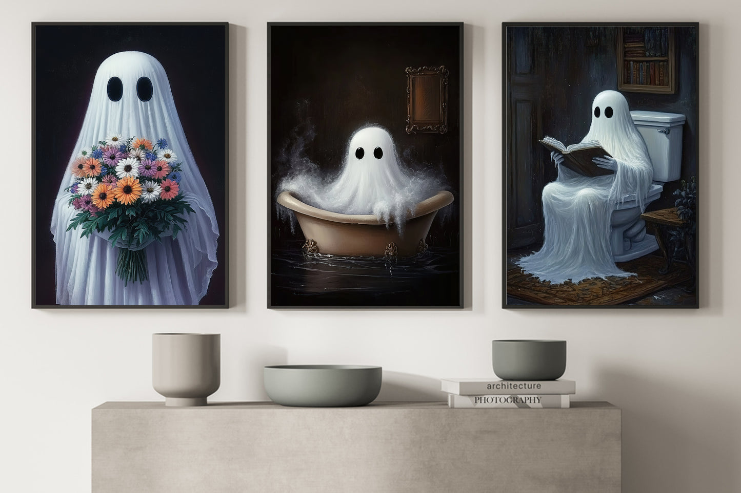 Set Of 3 Halloween Boo Canvas Painting, Ghostly Daily Routines Wall Art Decor, Poster Gift For Ghost Lovers