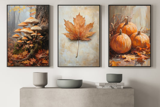 Set Of 3 Autumn Canvas Painting, Falling For Autumn Thanksgiving Poster Gift, Thankful Wall Art Decor