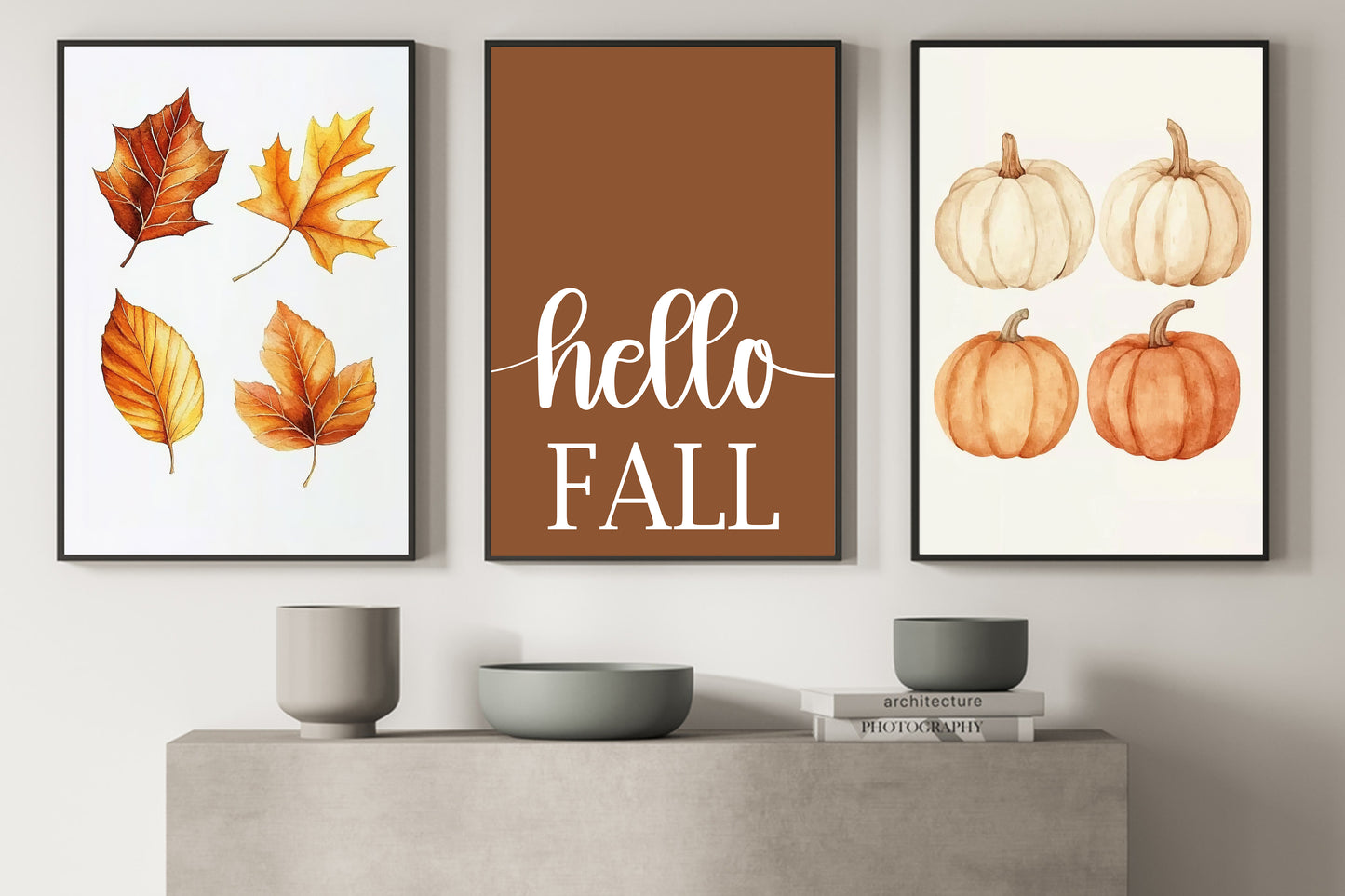 Set Of 3 Autumn Canvas Painting, Hello Fall Thanksgiving Poster Gift, Thankful Wall Art Decor