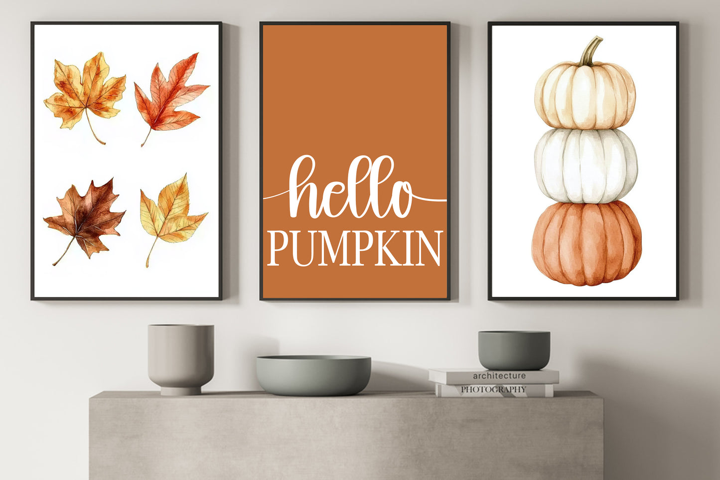 Set Of 3 Autumn Canvas Painting, Hello Pumpkin Fall Thanksgiving Poster Gift, Thankful Wall Art Decor