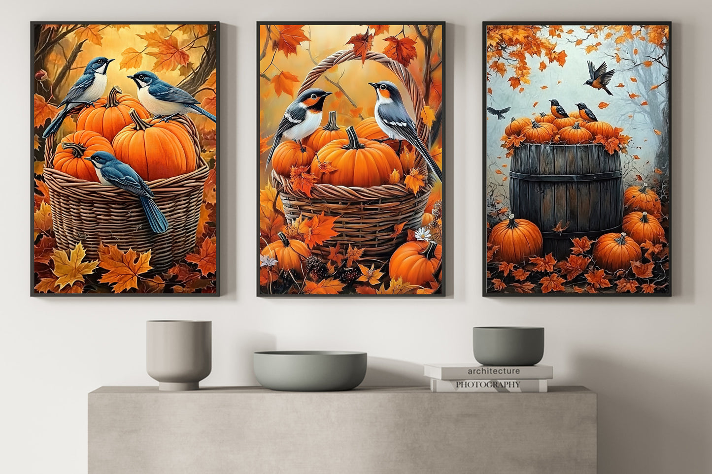 Set Of 3 Autumn Canvas Painting, Thankful Wall Art Decor, Whispers Of Fall Thanksgiving Poster Gift