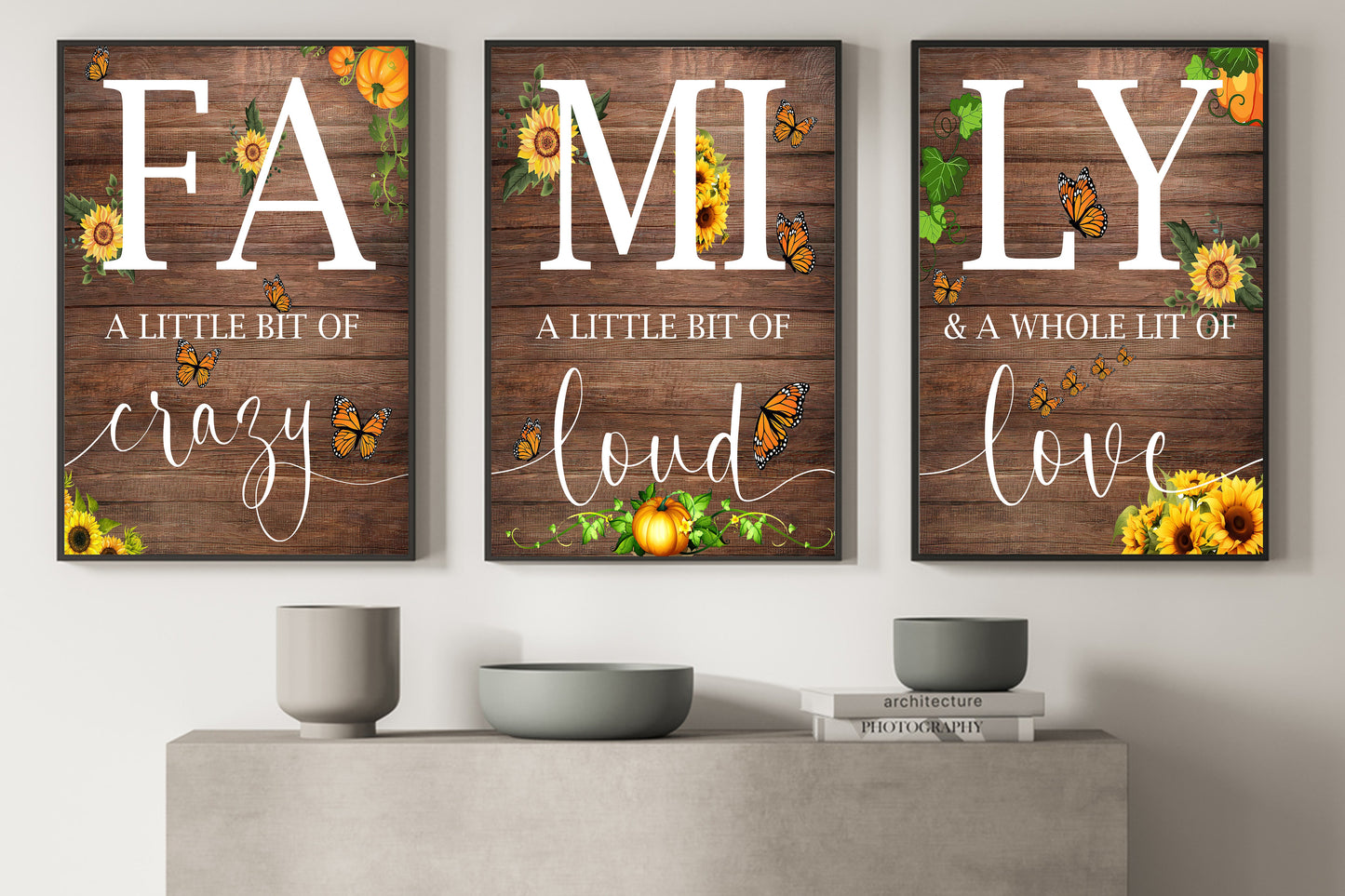 Set Of 3 Autumn Canvas Painting, Thankful Wall Art Decor, Family Thanksgiving Poster Gift