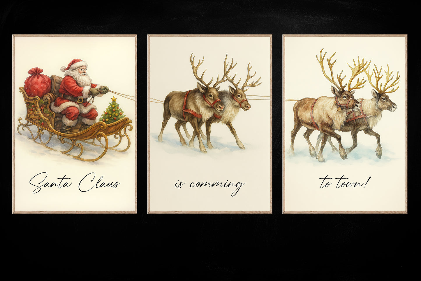Set Of 3 Christmas Canvas Painting, Santa Claus Is Coming To Town Wall Art Decor, Xmas Poster Gift To Decor House Or Office