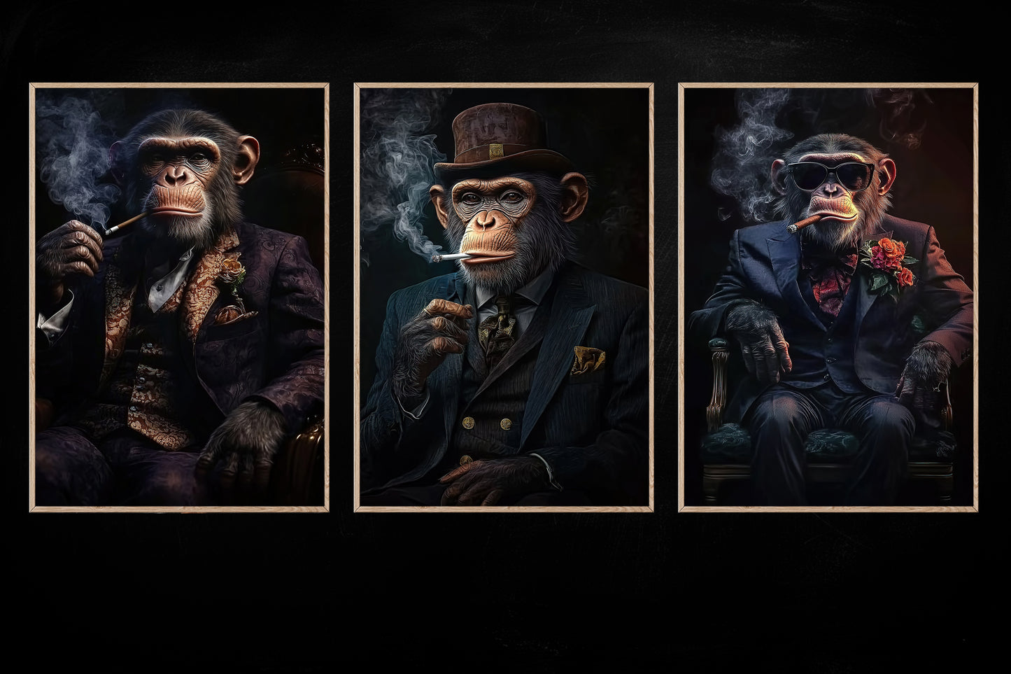 Cool Set Of 3 Monkey Canvas Painting, Monkey Mafia Lounge Wall Art Decor, Poster Gift For Monkey Lovers