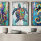 Set Of 3 Sea Animals Canvas Painting, Coastal Marine Life Wall Art Decor, Poster Gift For Ocean Animal Lovers