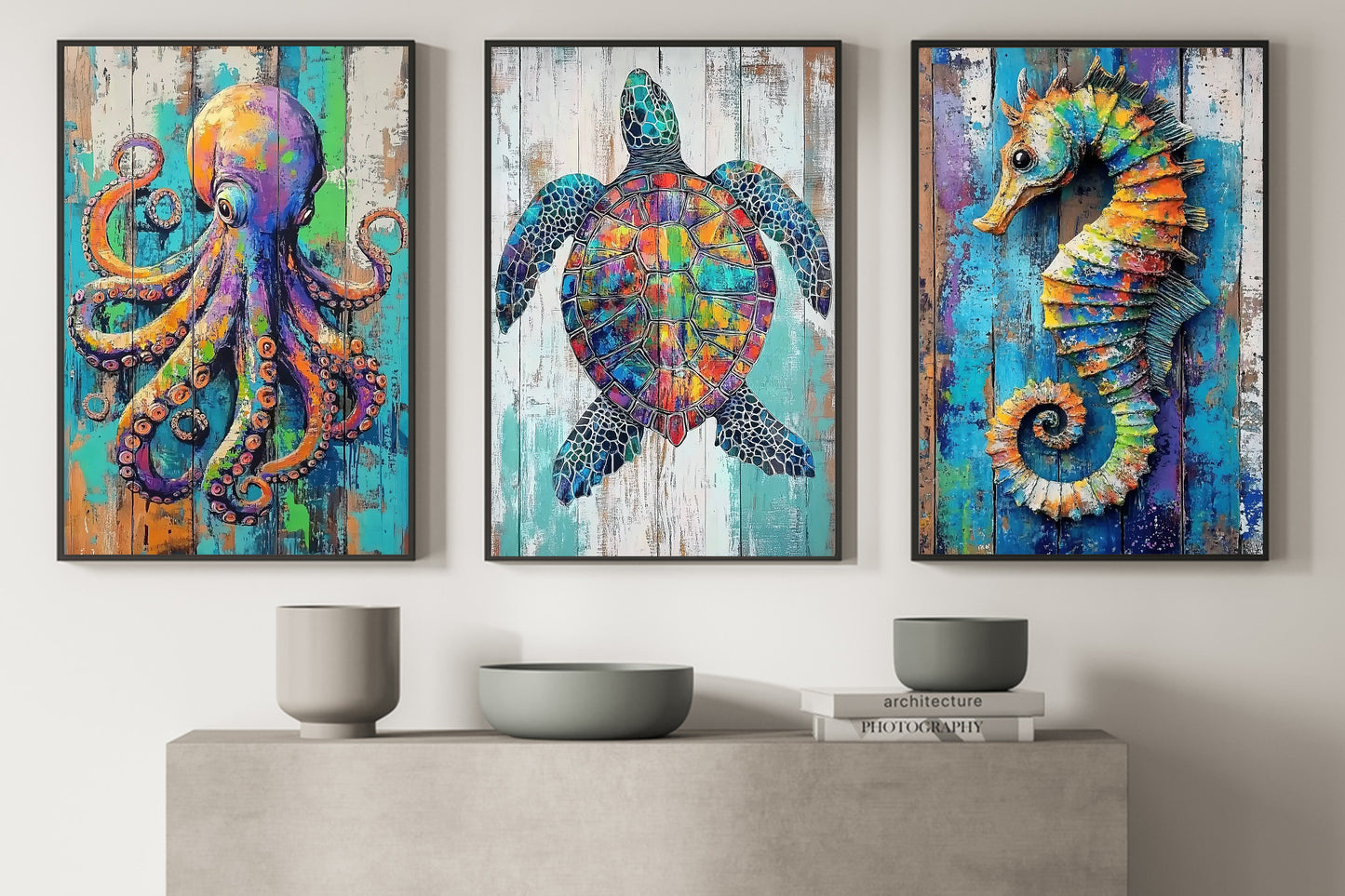 Set Of 3 Sea Animals Canvas Painting, Coastal Marine Life Wall Art Decor, Poster Gift For Ocean Animal Lovers