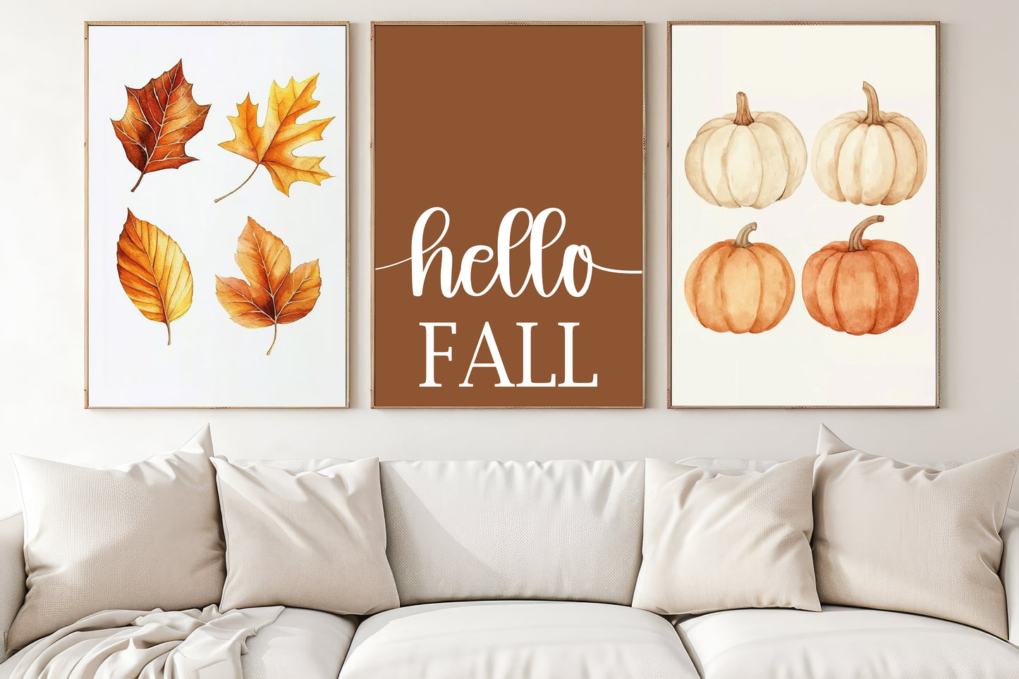 Set Of 3 Autumn Canvas Painting, Hello Fall Thanksgiving Poster Gift, Thankful Wall Art Decor