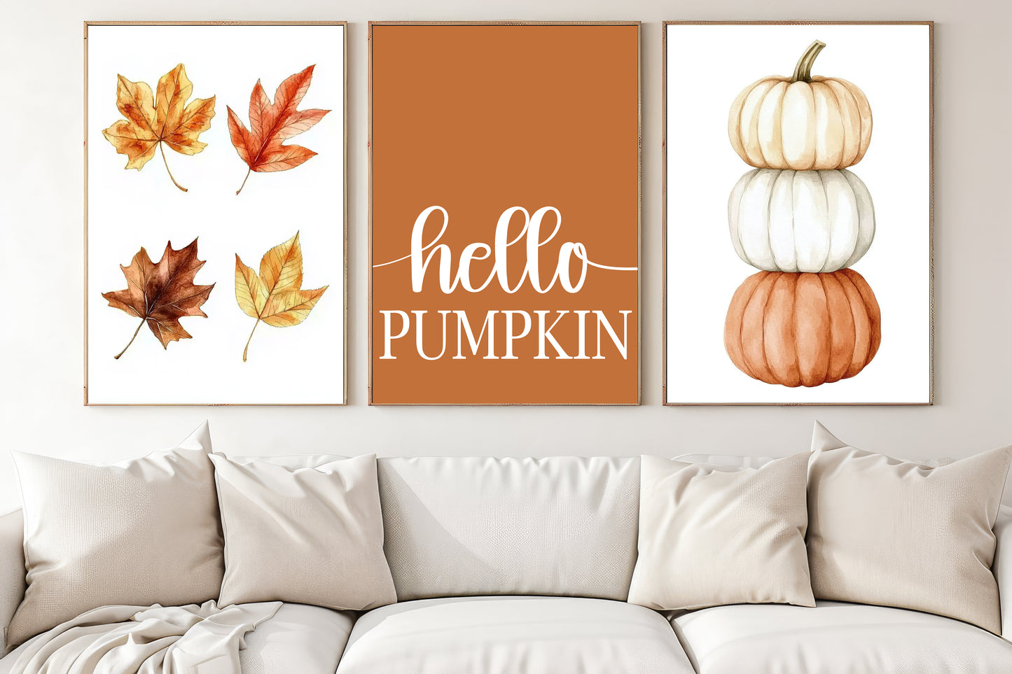 Set Of 3 Autumn Canvas Painting, Hello Pumpkin Fall Thanksgiving Poster Gift, Thankful Wall Art Decor