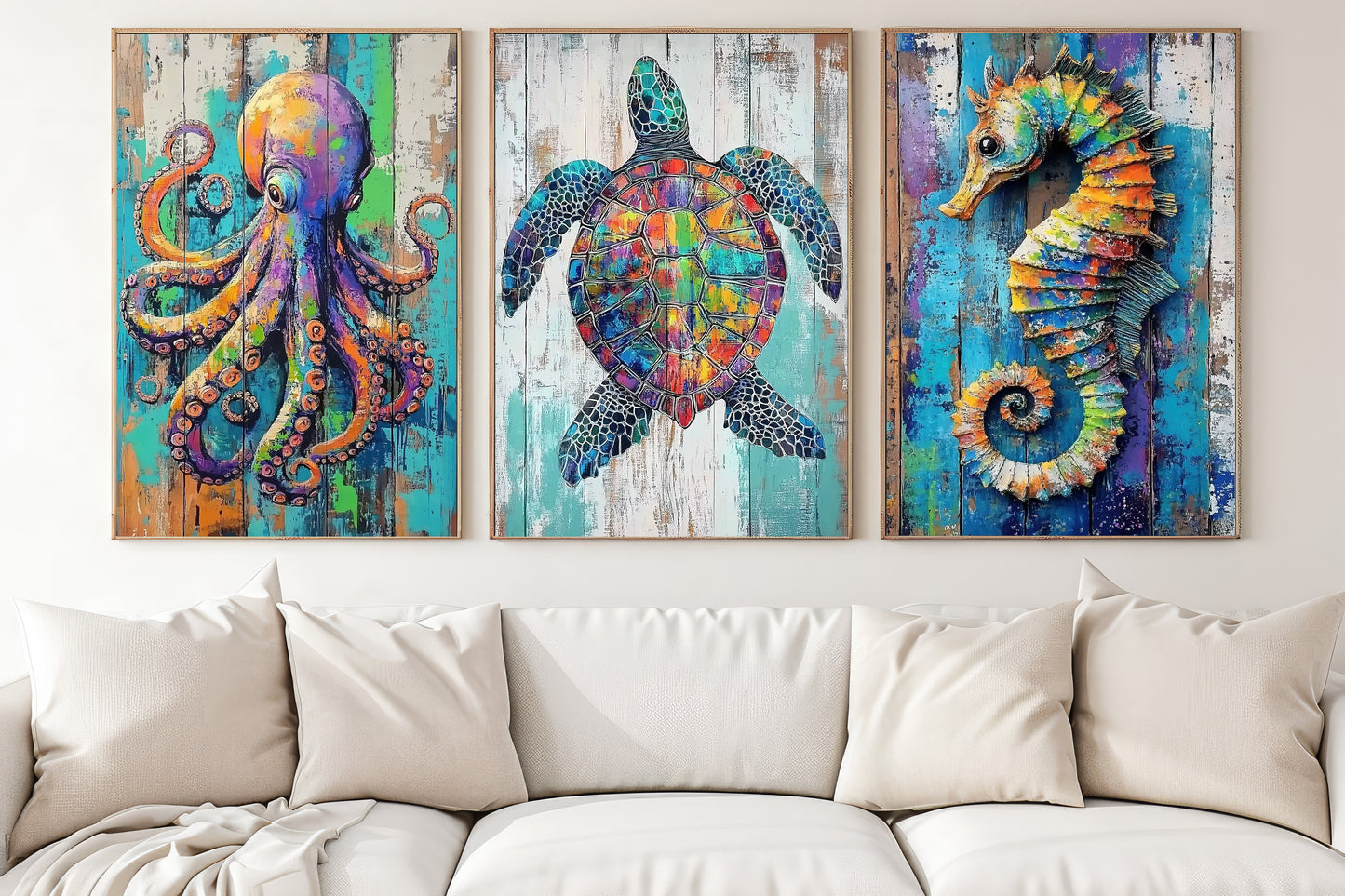 Set Of 3 Sea Animals Canvas Painting, Coastal Marine Life Wall Art Decor, Poster Gift For Ocean Animal Lovers