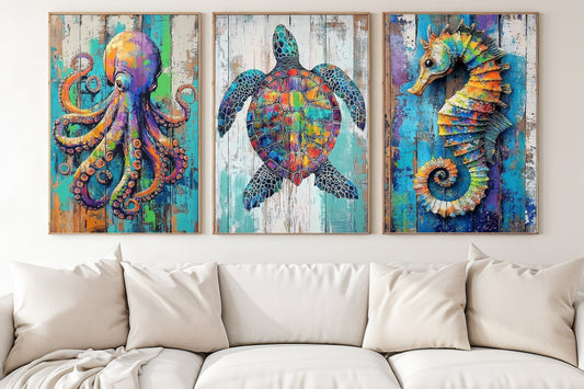 Set Of 3 Sea Animals Canvas Painting, Coastal Marine Life Wall Art Decor, Poster Gift For Ocean Animal Lovers