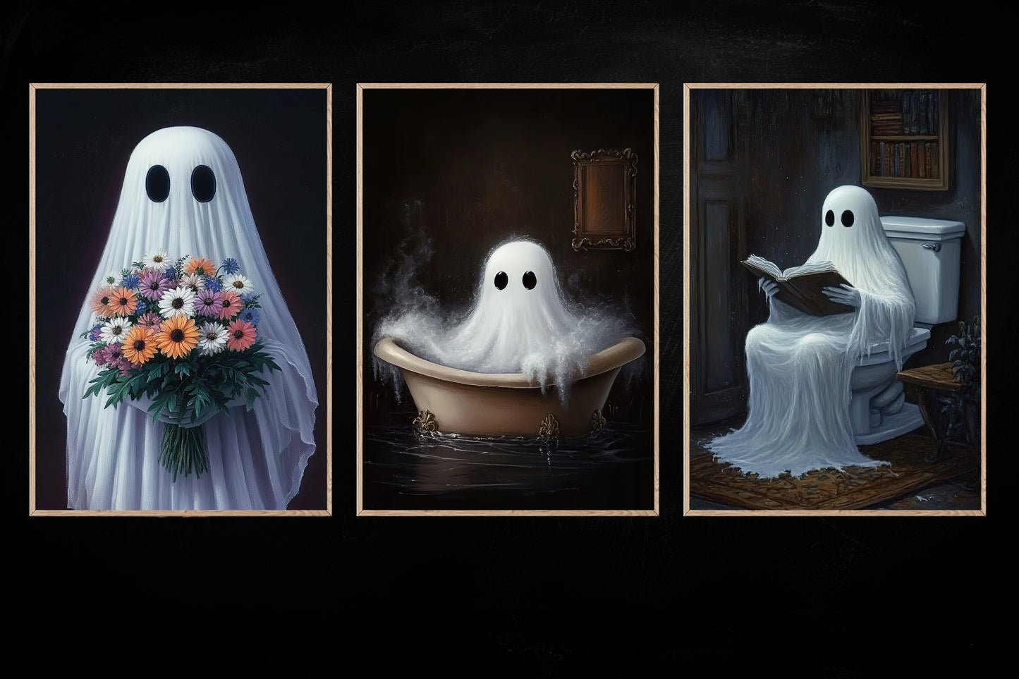 Set Of 3 Halloween Boo Canvas Painting, Ghostly Daily Routines Wall Art Decor, Poster Gift For Ghost Lovers
