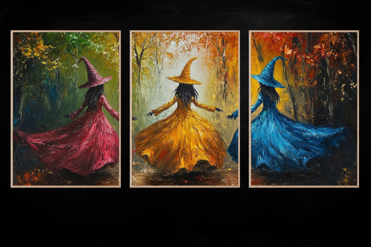 Set Of 3 The Enchanted Dance Of Seasons, Witches Canvas Painting, Spooky Season Wall Art Decor, Halloween Poster Gift For Witch Lovers