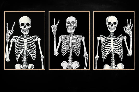 Set Of 3 Bone-A-Fide Vibes, Skeleton Canvas Painting, Spooky Season Wall Art Decor, Halloween Poster Gift For Skull Lovers