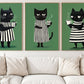 Set Of 3 Black Cat Coffee Canvas Painting, Coffee Time Wall Art Decor, Poster Gift For Cat Lovers