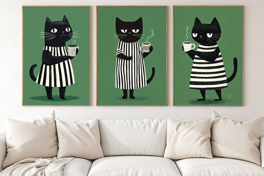Set Of 3 Black Cat Coffee Canvas Painting, Coffee Time Wall Art Decor, Poster Gift For Cat Lovers