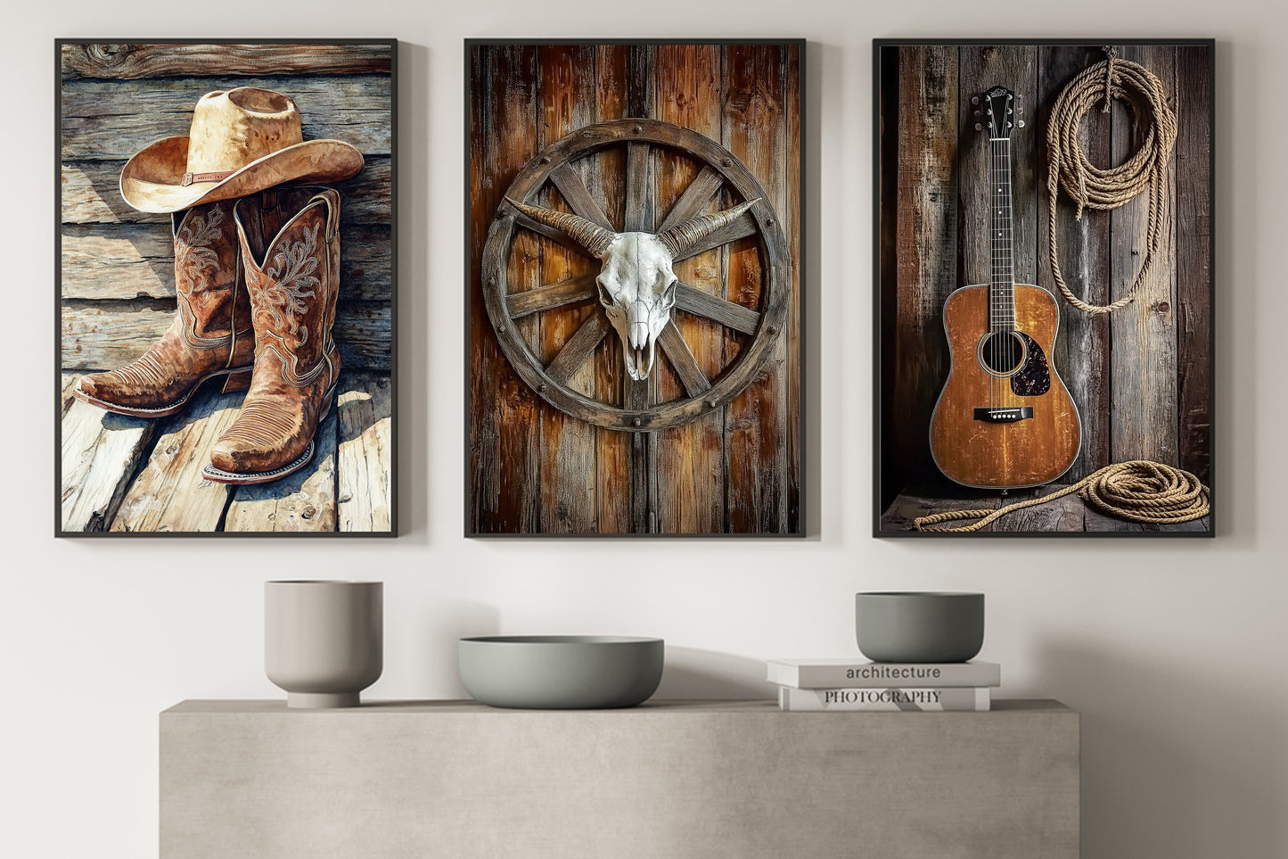 Set Of 3 Cowboy Canvas Painting, Symbols Of Cowboy Wall Art Decor, Poster Gift For Cowboy Lovers