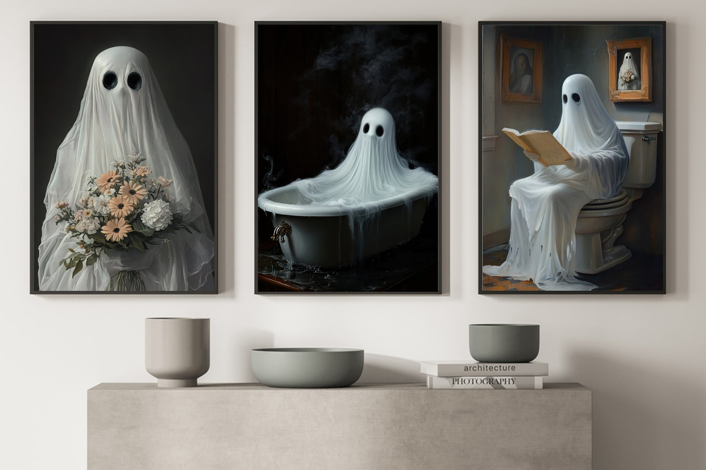 Set Of 3 The Everyday Afterlife, Ghost Canvas Painting, Spooky Season Wall Art Decor, Halloween Poster Gift For Ghost Lovers