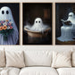 Set Of 3 Halloween Boo Canvas Painting, Ghostly Daily Routines Wall Art Decor, Poster Gift For Ghost Lovers