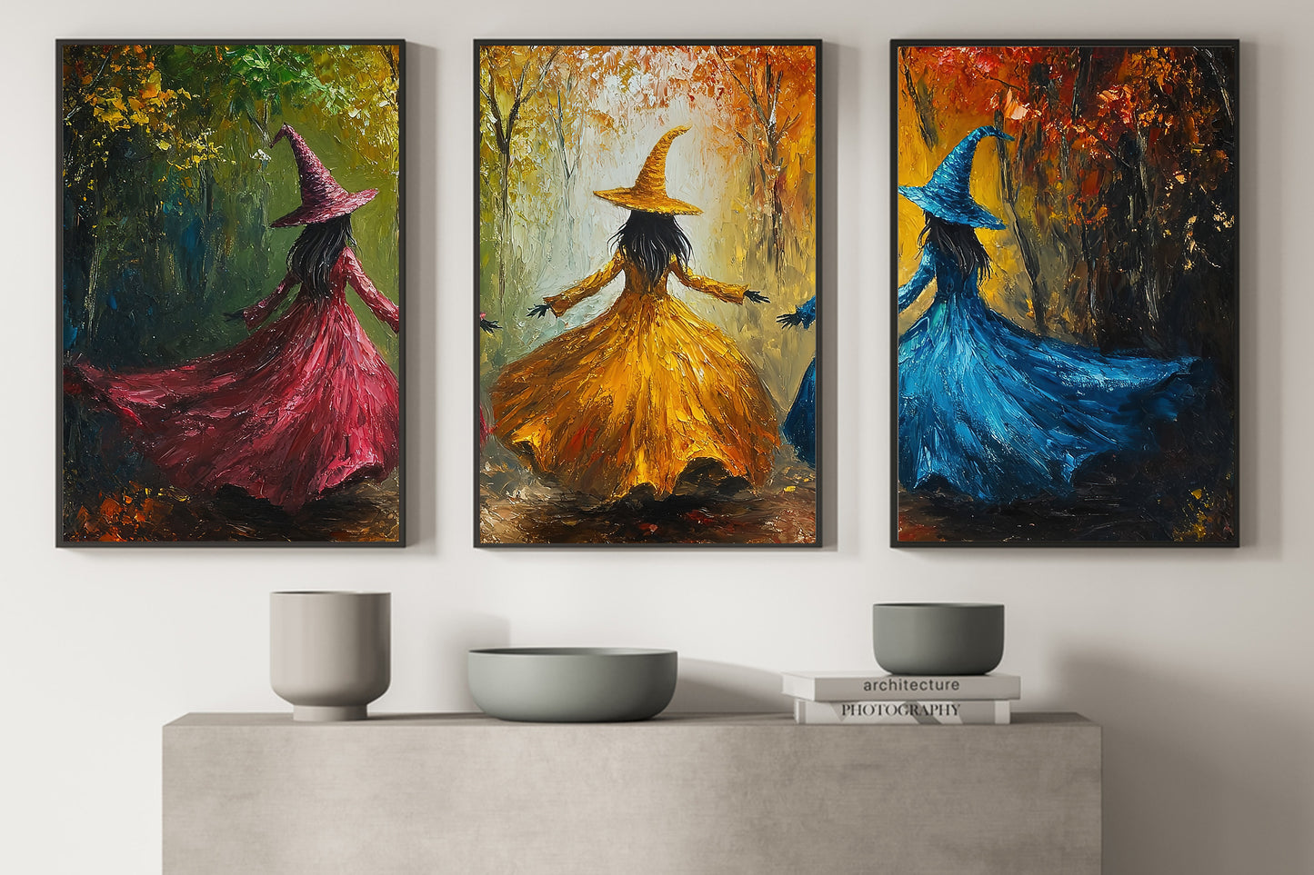 Set Of 3 The Enchanted Dance Of Seasons, Witches Canvas Painting, Spooky Season Wall Art Decor, Halloween Poster Gift For Witch Lovers