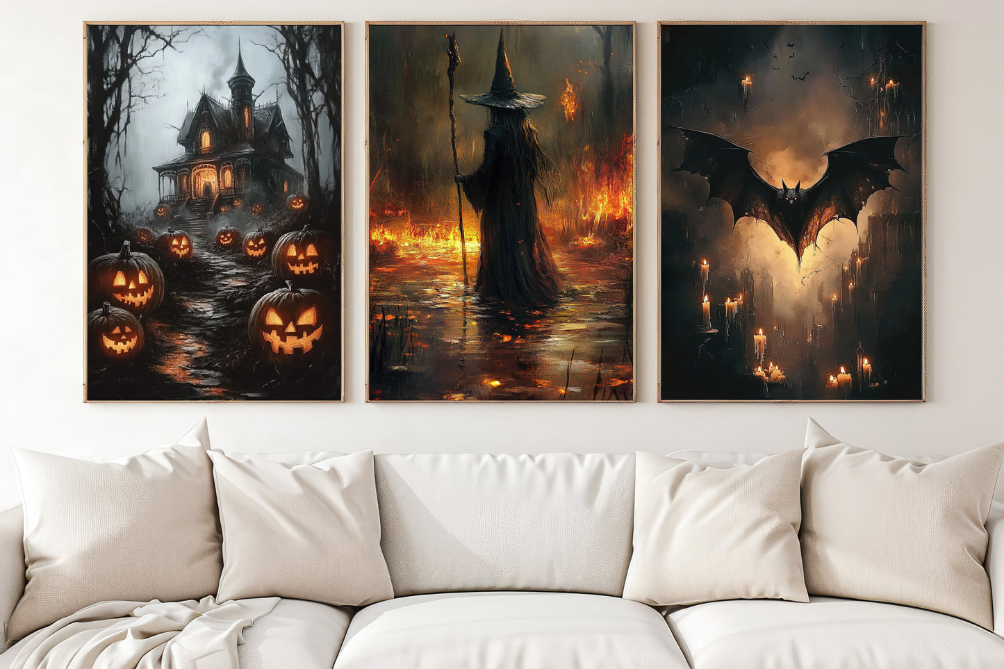 Set Of 3 Witch, Bat and Haunt, Witches Canvas Painting, Spooky Season Wall Art Decor, Halloween Poster Gift For