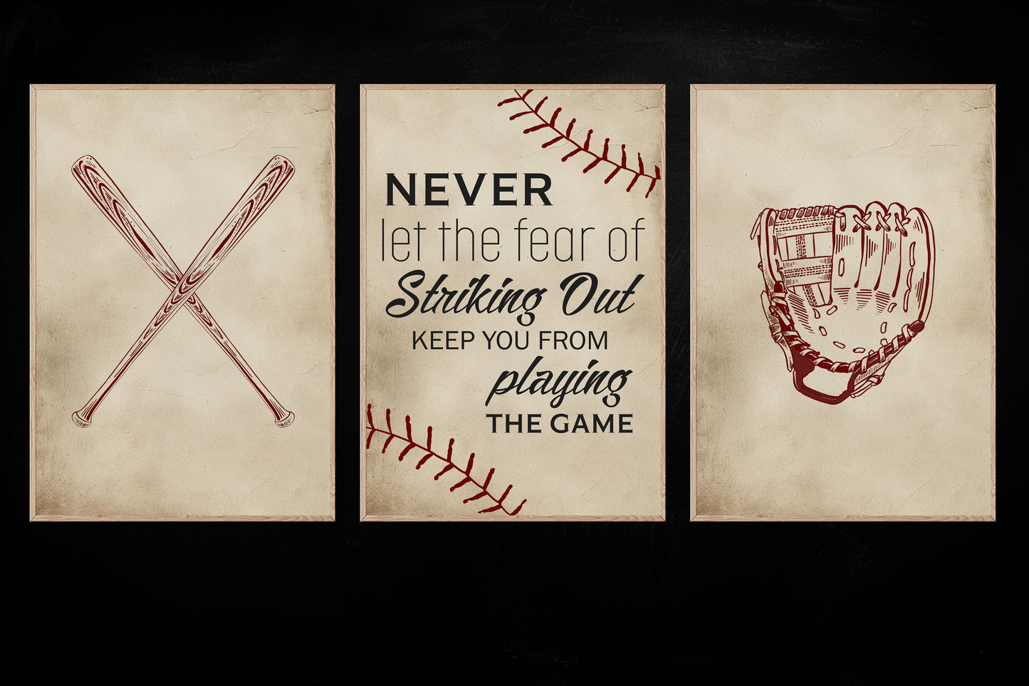 Set Of 3 Baseball Canvas Painting, Never Let The Fear Of Striking Out, Sport Wall Art Decor, Poster Gift For Baseball Lovers