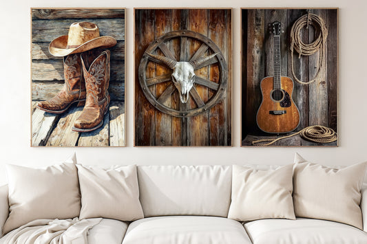 Set Of 3 Cowboy Canvas Painting, Symbols Of Cowboy Wall Art Decor, Poster Gift For Cowboy Lovers