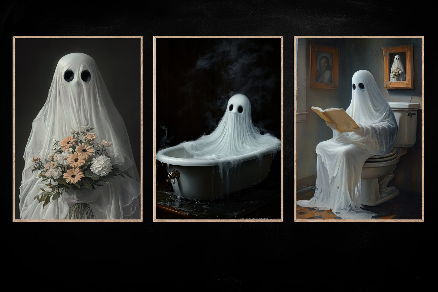 Set Of 3 The Everyday Afterlife, Ghost Canvas Painting, Spooky Season Wall Art Decor, Halloween Poster Gift For Ghost Lovers