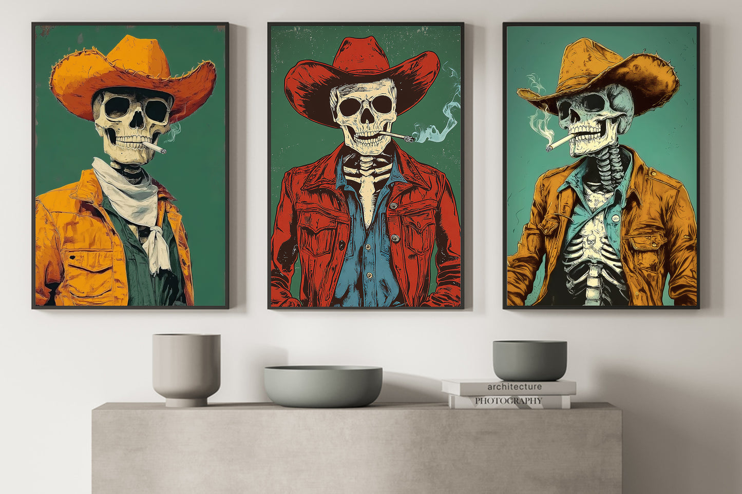 Set Of 3 Cowboy Canvas Painting, Trio Of Skeleton Cowboys Wall Art Decor, Poster Gift For Cowboy Lovers, Skeleton Lovers