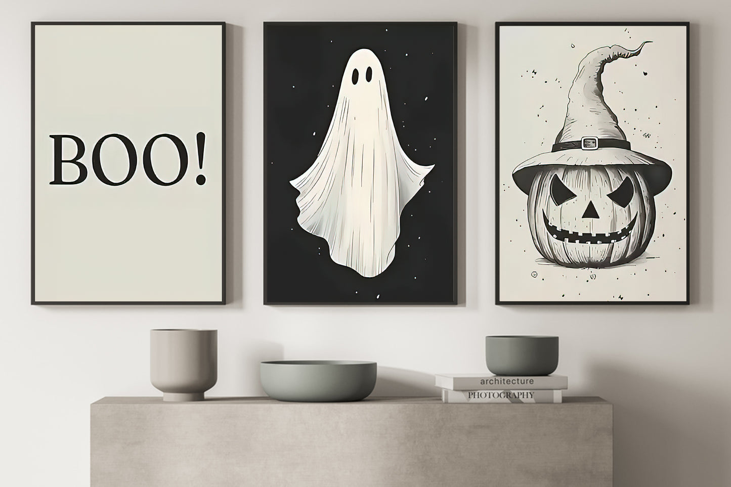 Set Of 3 Ghost Canvas Painting, Spooky Season Wall Art Decor, Halloween Poster Gift